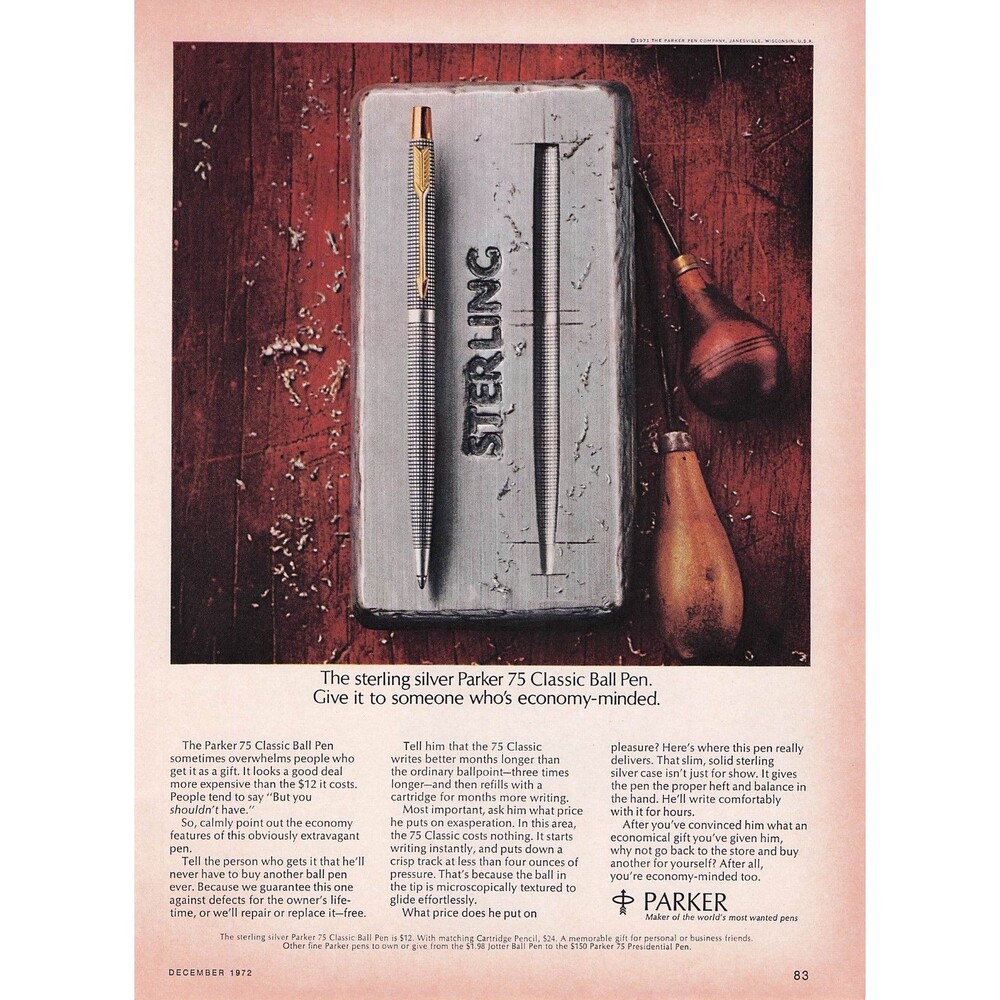 1972 Parker 75 Classic Sterling Silver Ball Pen Vintage Print ad wall decor home